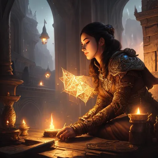 Prompt: Game art D&D, Fantasy, High Fantasy, intricate details, medium shot, detailed background, detailed face,  ambient lighting, single person, photorealistic, no airburshed