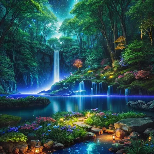 Prompt: professional photograph, landscape masterpiece, enchanted woods, fantasy, magical waterfall, crystal lake, lakeside view, blue moon, navy night sky, surreal scenery, peaceful, beautiful, glowing fireflies, UHD, 64k, unreal engine, high octane render, high quality, best quality, professional, absurd resolution, vivid colors, neon colors, highly detailed, intricate detail, sharp focus