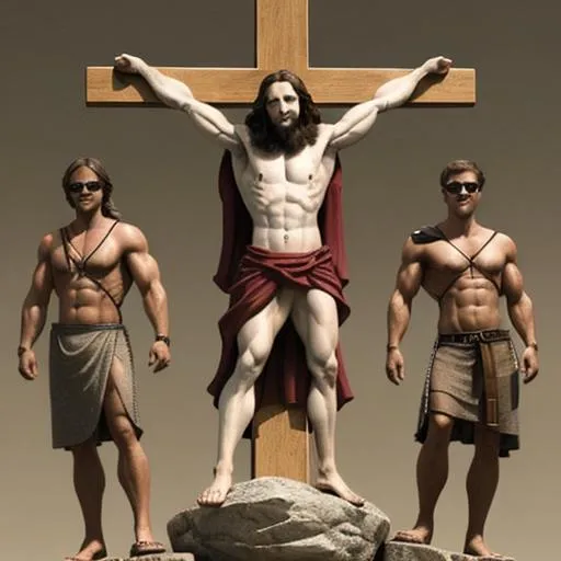 Prompt: Jesus Christ crucified on the cross, but he's a cool muscular grinning chad wearing sunglasses, rock stars around him playing electric guitars