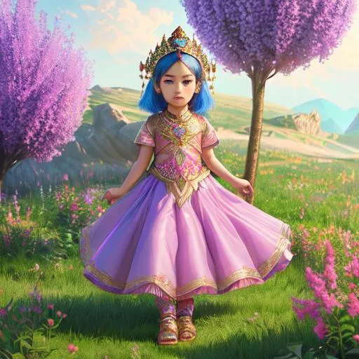Prompt: Full body portrait of turkic (godess) as five year old child, wearing lilac and pink dress, oil painting, universe (plantes) elemental, turkic elements (Mongolia), short straight (Bob like) blue hair, blessed, shiny golden eyes, detailed lips, mesmerizing, gorgeous, stunning, highly detailed concept art, high resolution scan, hd octane render, intricate detailed, highly detailed face, unreal engine, trending on artstation, UHD, 8k, Very detailed

Background: turkic temple in ruines, sandy dessert, stairs, columns, cinematic, detailed, atmospheric, epic, concept art, sanctum, fire elements.
Matte painting, background, dust, photo-realistic, concept art, volumetric light, cinematic epic + rule of thirds octane render, 8k, corona render, movie concept art, octane render, cinematic, trending on artstation, movie concept art, cinematic composition , ultra-detailed, realistic , hyper-realistic , volumetric lighting, 8k –ar 2:3 –test –uplight