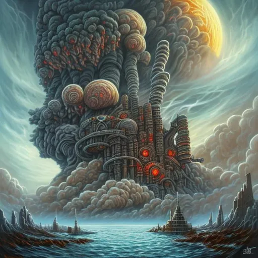Prompt:  fantasy art style, painting, nuclear weapons, nuclear bombs, atom bomb, nuclear explosions, mushroom cloud, tzar bomb, bombs, torpedoes, misiles, concrete, smog, fog, evil, misiles launching, warship, naval ship, boat, deep ocean, waves, tsunami, flood, end of the world, apocalypse 