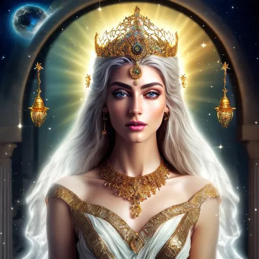 Prompt: HD 4k 3D 8k professional modeling photo hyper realistic beautiful woman ethereal greek goddess of bright intellect and sight
white hair light eyes gorgeous face pale skin gold shimmering dress jewelry and gold crown full body surrounded by magical glowing gold halo light hd landscape background religious temple and moon 