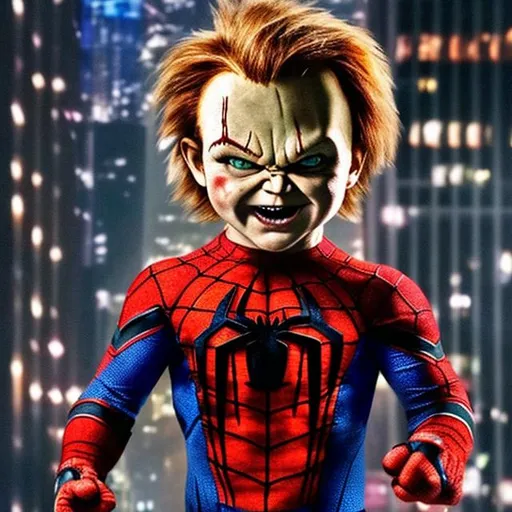 Prompt: Chucky doll wearing spiderman costume 