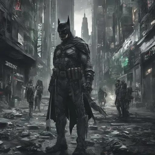 Prompt: Very dark black and green evil distant future tech batman. Accurate. realistic. evil eyes. Slow exposure. Detailed. Dirty. Dark and gritty. Post-apocalyptic Neo Tokyo. Futuristic. Shadows. Sinister. Armed. Fanatic. Intense. 