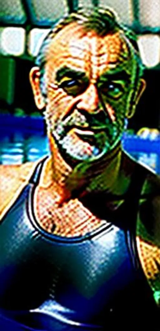 Prompt: A photo-realistic portrait of Sean Connery as James  Bond in his bathing suit at a indoor water park with sun beams coming through the windows. On a bright summer day.