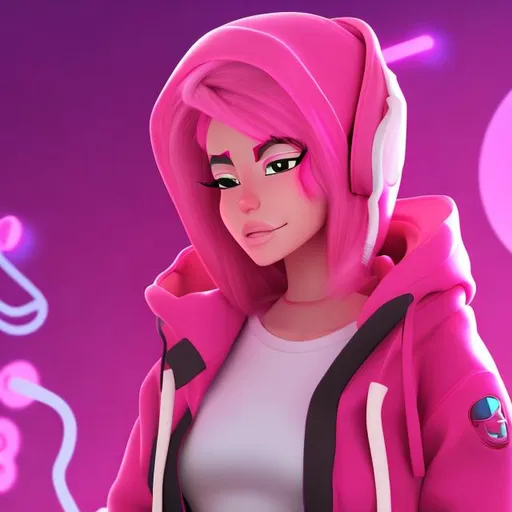 Prompt: Animated Female Charecter
Wearing a pink hoodie red shirt under it and pink pants  and shes sleeping in her room with headphones full body