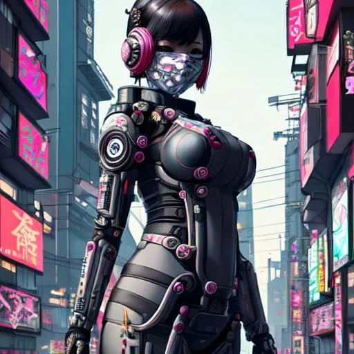 Prompt: detailed full body, operator, girl, cyberpunk, futuristic,  decorated with traditional Japanese ornaments, fine details, realistic shaded, porcelain mask, looking off into a city scape