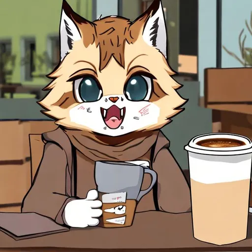 Prompt: anime bobcat holding coffee