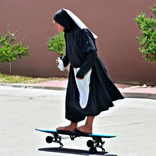 Prompt: Nun goes skateboarding 