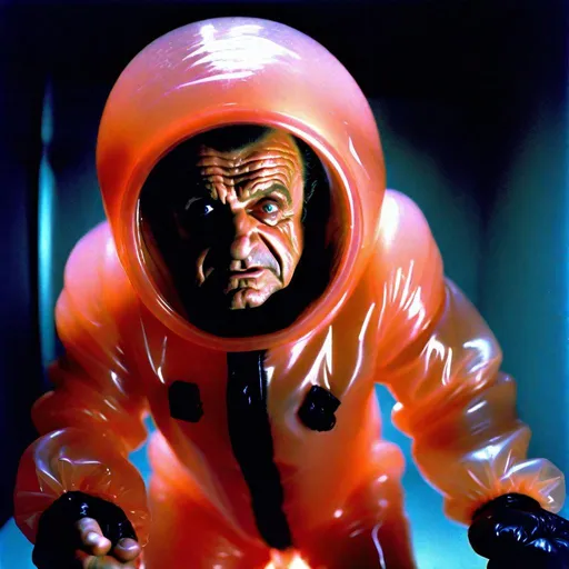 Prompt: Full view of Intimidating mohawked Joe Pesci with a mocking expression is wearing a peach and molasses and translucent glowing bioluminescent lumpy jello protective suit and posing threateningly in a dark room