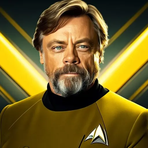 Prompt: A portrait of the Mark Hamill, wearing a yellow Starfleet uniform, in the style of "Star Trek the Next Generation."