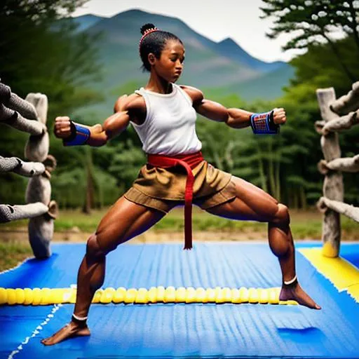 Prompt: (Hyperrealistic highly detailed sharp wide shot full body photography of ebonian martial artist woman doing a flying kick on a (training dummy)) strong-willed, deeply focused, skilled, athletic, strong, agile, fast. Perfect body. Sweat. Jump. Kick. (Flying kick stance). Traditional clothes. Old, tribal training ground. Broken wooden training dummies. Dark night. Dim light. Traditional. Kung-fu. Remanent Speed effect. Anatomically correct. Perfect body.