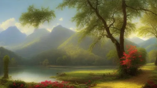 Prompt: a painting of a lake surrounded by trees, two mountains in background, lovely valley, peaceful and quiet, lush trees and flowers, linden trees, tall mountains in the horizon, a fine art painting, by Albert Bierstadt, flickr, amazing exquisite matte painting, Thomas Kinkade, extremely beautiful, ethereal, Martin Johnson Heade, tumblr, matte painting, pristine quality wallpaper, mobile wallpaper, Thomas Cole, cover shot, gorgeous, cgsociety, intricate detail, dark colors, ((sepia tone, sepia photography, inspired by Thomas Cole, inspired by William Harnett, museum of art, archival pigment print, juxtapoz aesthetic, 2010s, profile image, greg olsen, 1889, still from a 1950's movie))