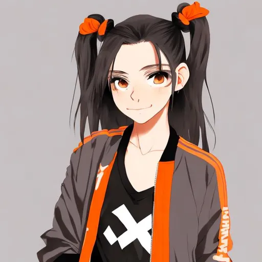 Prompt: Anime style. A 12 year old girl. Hazel brown hair in a ponytail.  Hazel eyes. She is smirking. Wears a black shirt and grey bomber jacket. The background is soft orange.