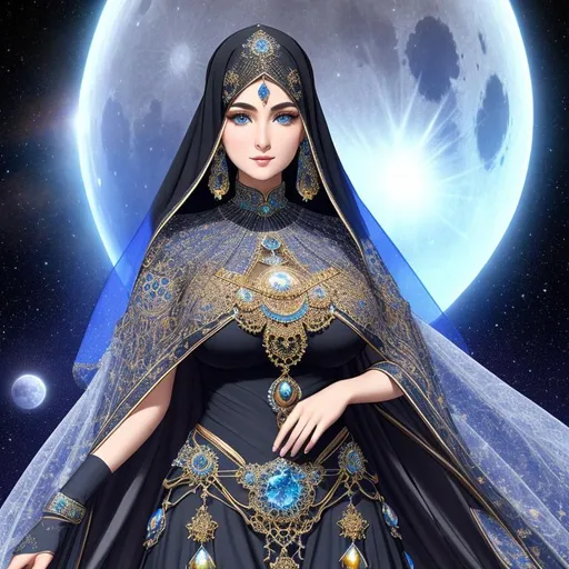 Prompt: full color julia clusters mandelbrot voronoi fractal space sun in dyson sphere and moon on foreground, A big beautiful and real Muslim woman photo, highly detailed full body, beautiful blue eyes, very detailed beautiful face, unreal engine, fantastical, intricate detail,  wearing a black transparent dress and a white veil