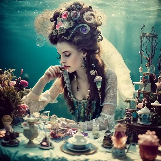 Prompt: woman in Victorian dress underwater tea party.  hair, elaborate hair, fabric, lace, bubbles. jewels, queen.  colorful.