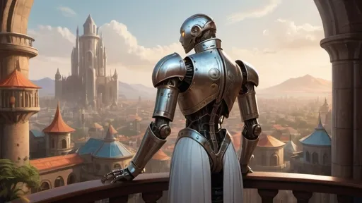 Prompt: a slender warforged automaton stands with back to camera on a large round balcony with a solid railing looking out over a fantasy city paradise during the age of arcanum 