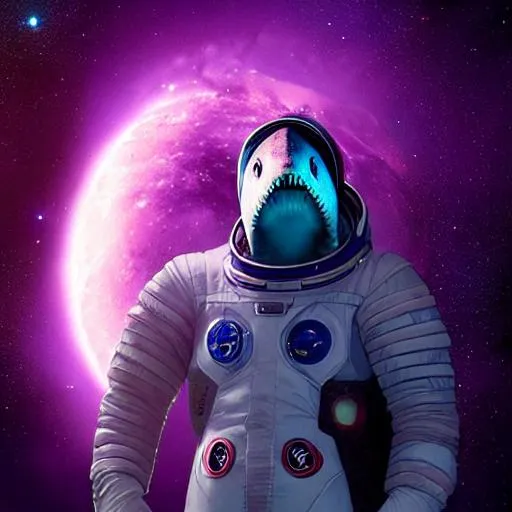Prompt: anthropomorphic shark wearing space suit, on the moon in center, digital art, nebula background, art by greg rutkowski, purple neon lighting, scifi
