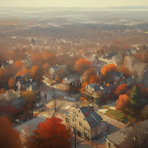 Prompt: bird's eye view of a beautiful painting of a small, sleepy New England town by greg rutkowski, trending on artstation
