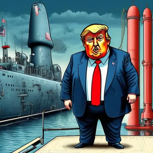 Prompt: Cute, obese Spy Trump in front of a nuclear submarine in drydock, dark-blue suit, too long red tie, u-boat scene, muted gloomy colored, Sergio Aragonés MAD Magazine cartoon style