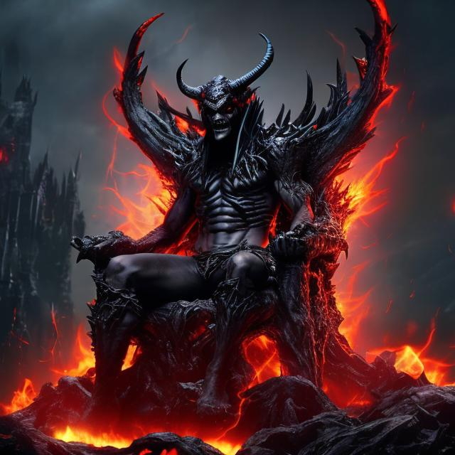 demon lord Azazel sitting on his throne on destroyed... | OpenArt