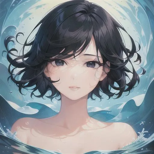 Prompt: (masterpiece, illustration, best quality:1.2), floating in the ocean, short trimmed black hair, black eyes, best quality face, best quality, best quality skin, best quality eyes, best quality lips, ultra-detailed eyes, ultra-detailed hair, ultra-detailed, illustration, colorful, soft glow, 1 girl