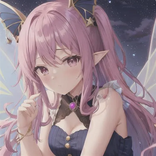 Prompt: A Cute Fairy with fairy wings, while wearing an ornate navy colored dress, with pink hair, and gold jewelry. (Background Night sky)