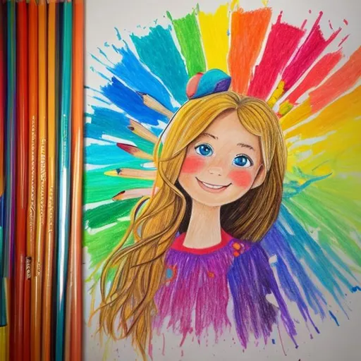 Prompt: a painted with pencils happy girl,  buying a big sport bag, picture is full of yellow, red, light blue colors