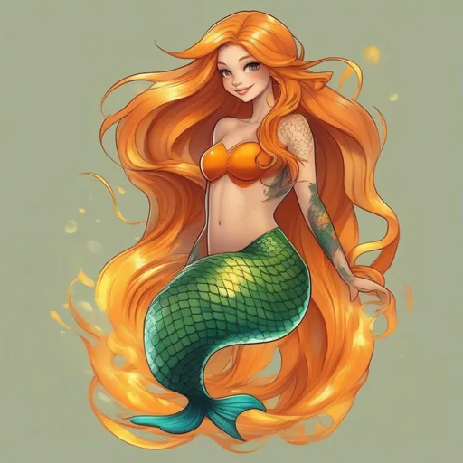 Prompt: Mermaid, green mertail with yellow fire tattoos, orange top, golden flowing hair with orange highlights, a happy life, masterpiece, best quality, in cartoon style