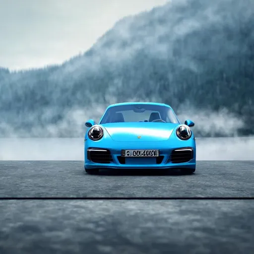 Prompt: photo porsche 911 in blue standing in dock, centred mist volumetric, cinimatic ligthing, octane render, 4k, in front of lake tahoe