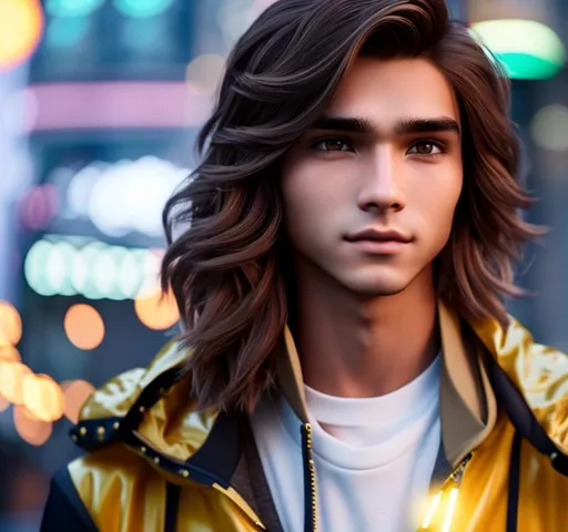 Prompt: Steanpunk men,perfect  nose, brown hair, hairstyle to the side, oval face, weight 60kg, height 1.78, 17 years old close-up back view half body, perfect body,  wearing yellow rain jacket and denim shorts in a steanpunk city, hyper realistic details, cinematic lighting, 3d, 8k