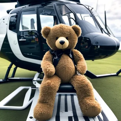 Prompt: a teddy sitting on a chair near a helicopter