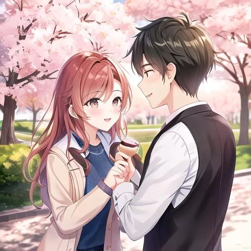 Prompt: Caleb and Haley on a date at the park, kissing, under the cherry blossom trees
