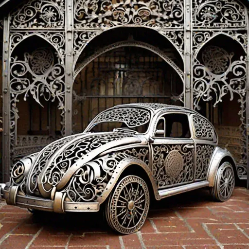 Prompt: A VW beetle made out of filigree wrought iron work