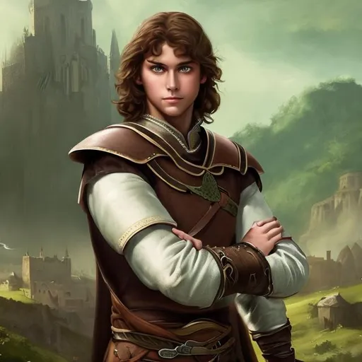 Prompt: fantasy handsome young brunette peasant, leather armguards
light brown hair
green eyes
medieval epic painting
