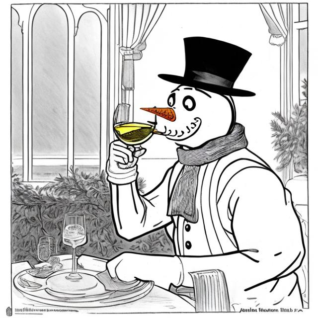snowman drinking white wine John Romita style line art