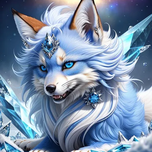 Prompt: (masterpiece, professional illustration, epic digital art, best quality:1.5), insanely beautiful female ((fox)), (canine quadruped), adolescent, ice elemental, deep blue pelt covered in frost, bashful hypnotic sapphire blue eyes, gorgeous frosted silver mane, (plump), (bulky), finely detailed fur, hyper detailed fur, (soft silky insanely detailed fur), moonlight beaming through clouds, frosted grassy field, cold colors, professional, symmetric, golden ratio, unreal engine, depth, volumetric lighting, rich oil medium, (brilliant auroras), (ice storm), full body focus, beautifully detailed background, cinematic, 64K, UHD, Yuino Chiri, intricate detail, high quality, high detail, masterpiece, intricate facial detail, high quality, detailed face, intricate quality, intricate eye detail, highly detailed, high resolution scan, intricate detailed, highly detailed face, very detailed, high resolution, perfect composition, epic composition, 8k, UHD
