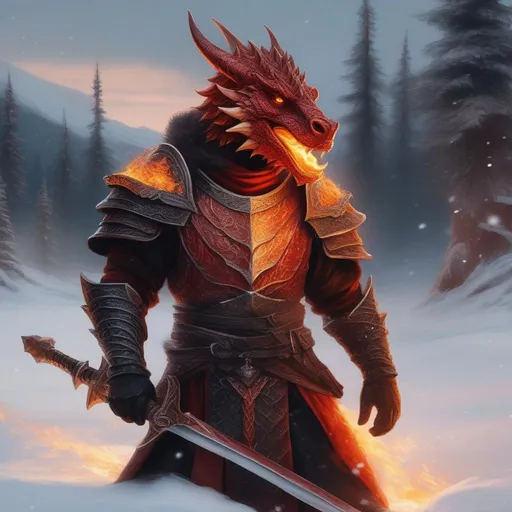 Prompt: A face shot of a beautiful red and black Dragonborn with no hair holding a flaming sword, in a snowy tundra, perfect composition, hyperrealistic, super detailed, 8k, high quality, trending art, trending on artstation, sharp focus, studio photo, intricate details, highly detailed, by Greg Rutkowski, illustration, watercolor
