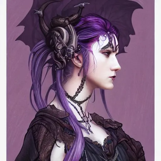 Prompt: side portrait Melanie as dark witch, adventurer outfit large cloak, fantasy forest landscape, dragon scales, fantasy magic, undercut hairstyle, short purple black fade hair, dark light night, intricate, elegant, sharp focus, illustration, highly detailed, digital painting, concept art, matte, art by WLOP and Artgerm and Greg Rutkowski and Alphonse Mucha, masterpiece