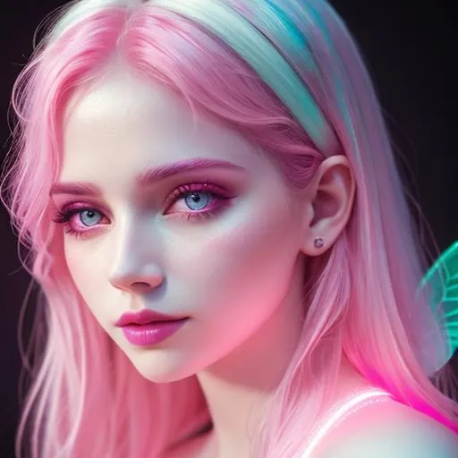 Prompt: fairy with pale skin. ,neon pink colors, facial closeup