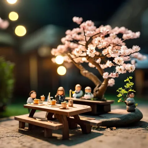 Prompt: tiny wooden outside cafe, tiny cherry blossom bonsai, tiny wooden people drinking, dining, dancing, string lights, dark night



