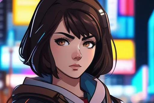 Prompt: Portrait of young anime girl with Brown short hair and emotionless face, cyberpunk night city, perfect composition, super detailed, 8k, high quality, trending art, trending on artstation, sharp focus, studio photo, intricate details, highly detailed, by greg rutkowski