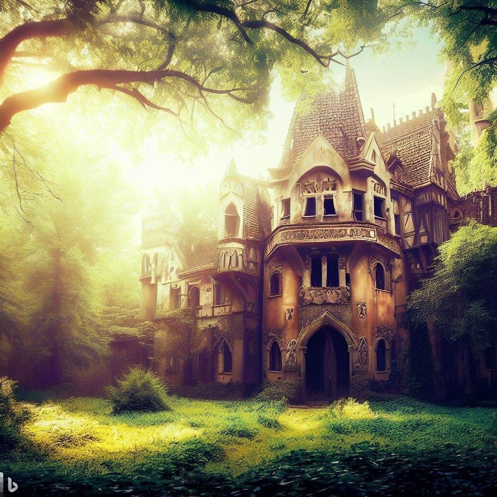 Prompt: gorgeous abandoned medieval mansion in a fairytale forest