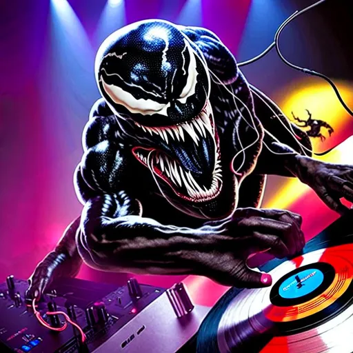 Prompt: Venom as a DJ in a nightclub wearing headphones, with record player, realistic