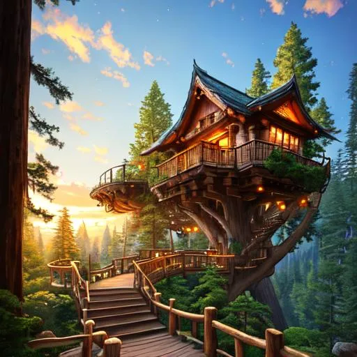 Prompt: rustic fantasy treehouse in a gigantic sequoia, lanterns, stairs, high in the sky, sunset, clouds, high above other trees, Azulejo, ultrarealistic, world masterpiece, rule of thirds, hyperrealistic, super detailed, HDR, 8k, high quality, trending on artstation, pixv, by Makoto Shinkai, by Hyung-tae Kim, by larry elmore, unreal engine 5 