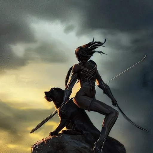 Prompt: highly detailed digital art, warrior women trio, standing on a cliff face, long black hair sitting on the back of a black panther, concept art, fine detail, cinematic, hero pose, art station, photographic, sunset, warm light