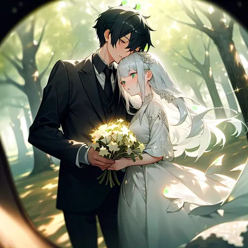 Prompt: (best quality), romantic somber masterpiece in subdued tones, couple, 1man, 1woman, (man with silver hair), girl with long black hair, beautiful eyes, detailed, warm lighting, surrounded by ginkgo trees, sparkles, fisheye perspective, blurry foreground, depth of field, intricate background, detailed, 4k, intricate, masterful, painterly, inspired by hinata takeda