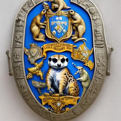 Prompt: Coat of arms, meerkat support, shield blue, coins, eye