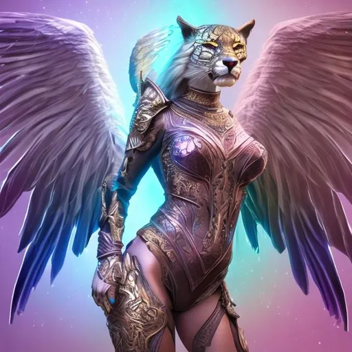 Prompt: Realistic Very majestic panthergirl with epic majestic wings, gold pink and blue