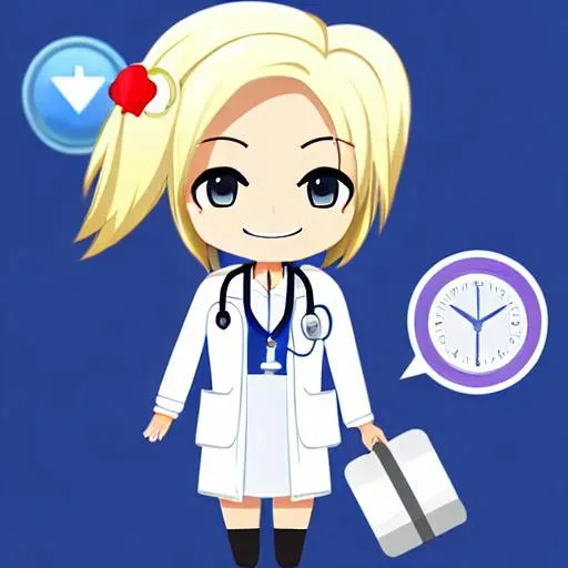 Prompt: doctor woman, cute chibi, drawing style, blonde hair, white area, design clothes, smooth